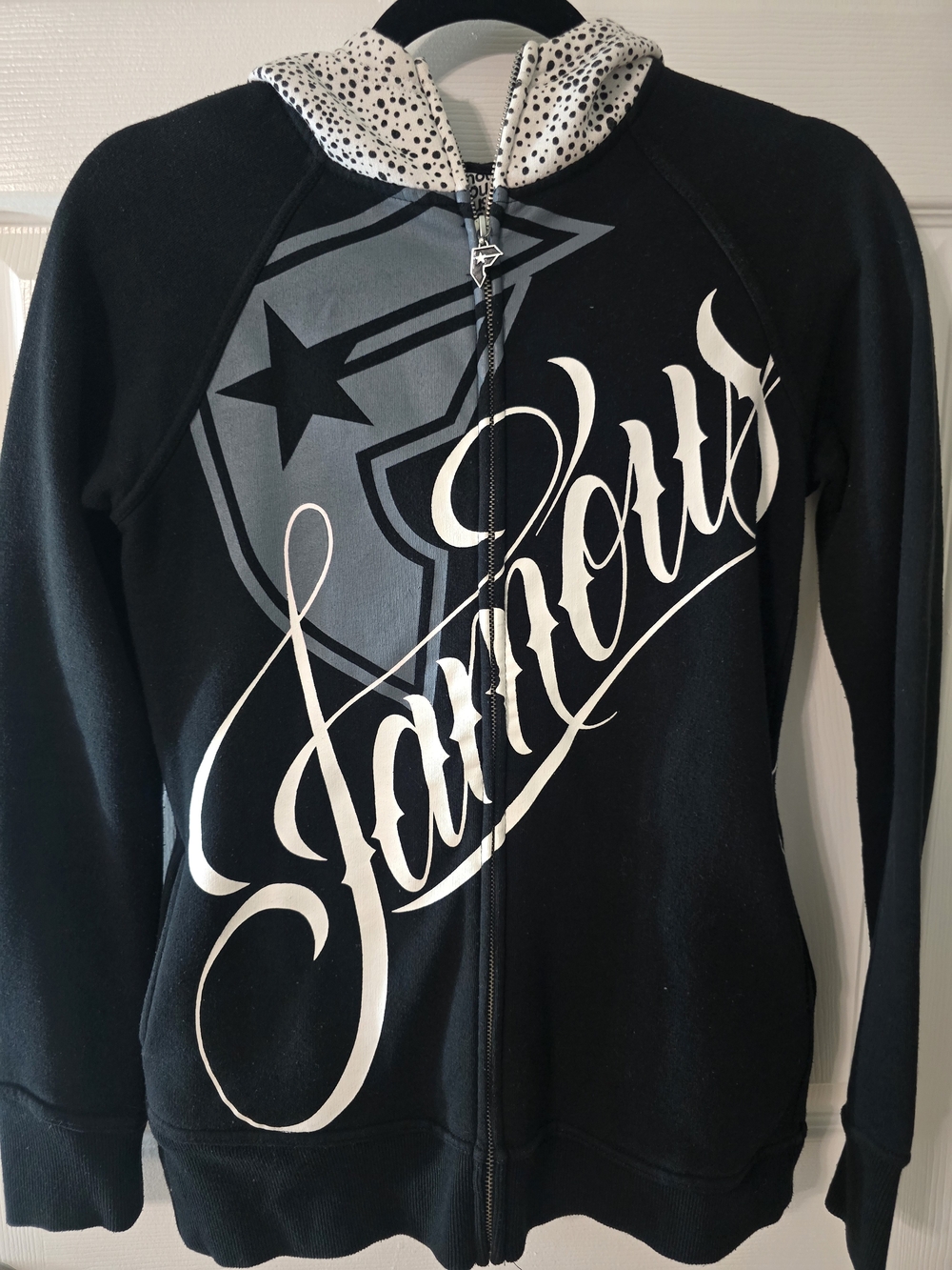 Vintage Famous Stars & Straps Black Zip Hoodie with Gray Shield and White Script